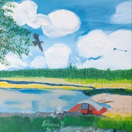 Le campement en solo-Huile (16×16)-Prix45$