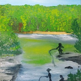 Pêche dans les eaux de Batiscan-Huile ( 12× 24)-45$